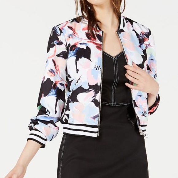 Bar III Jackets & Blazers - Bar III Pink Floral Printed Full Zip Bomber Jacket